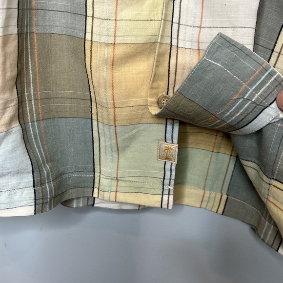 Tommy Bahama Coastal Plaid Camp Shirt Silk Linen Yellow Blue Green XL Relaxed - Picture 3 of 5